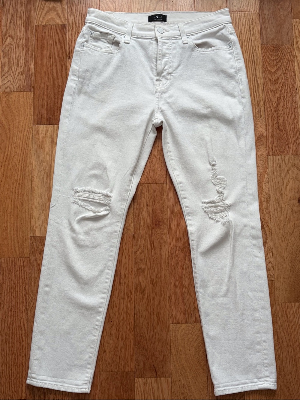 7 For All Mankind White Straight Leg Distressed Jeans